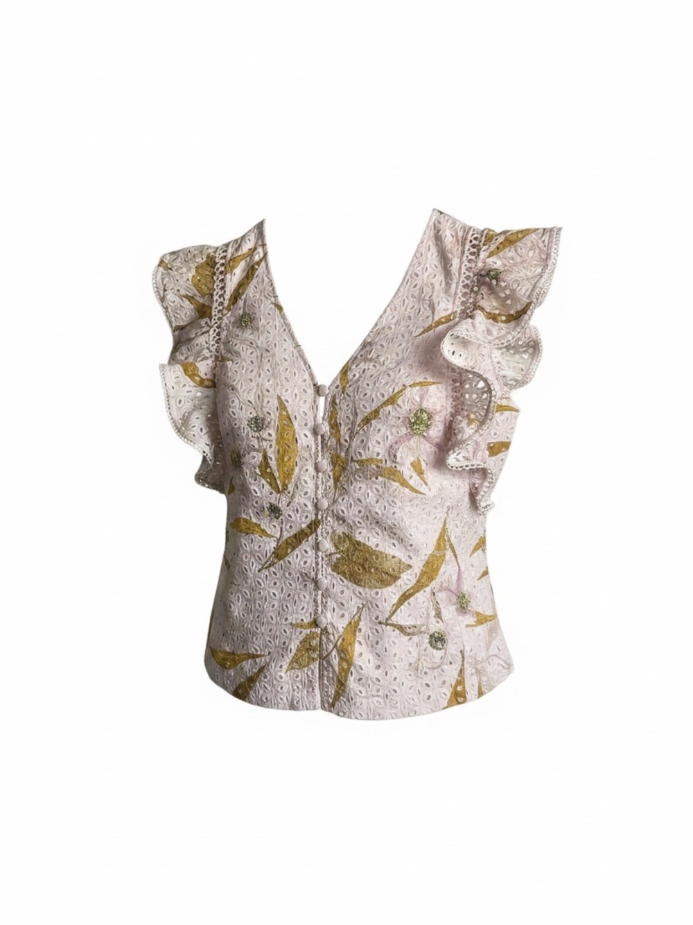 Ted Baker Floral Eyelet Ruffle V-Neck Top - Pink & Olive